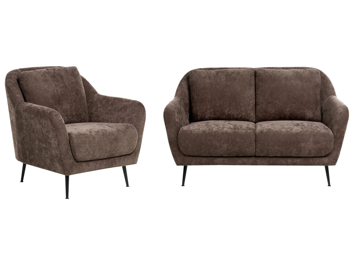 Sofa Set Dark Brown Chenille Upholstery Iron Black Legs 3 Seater with Armrests Thick Seat Modern Style Living Room Beliani