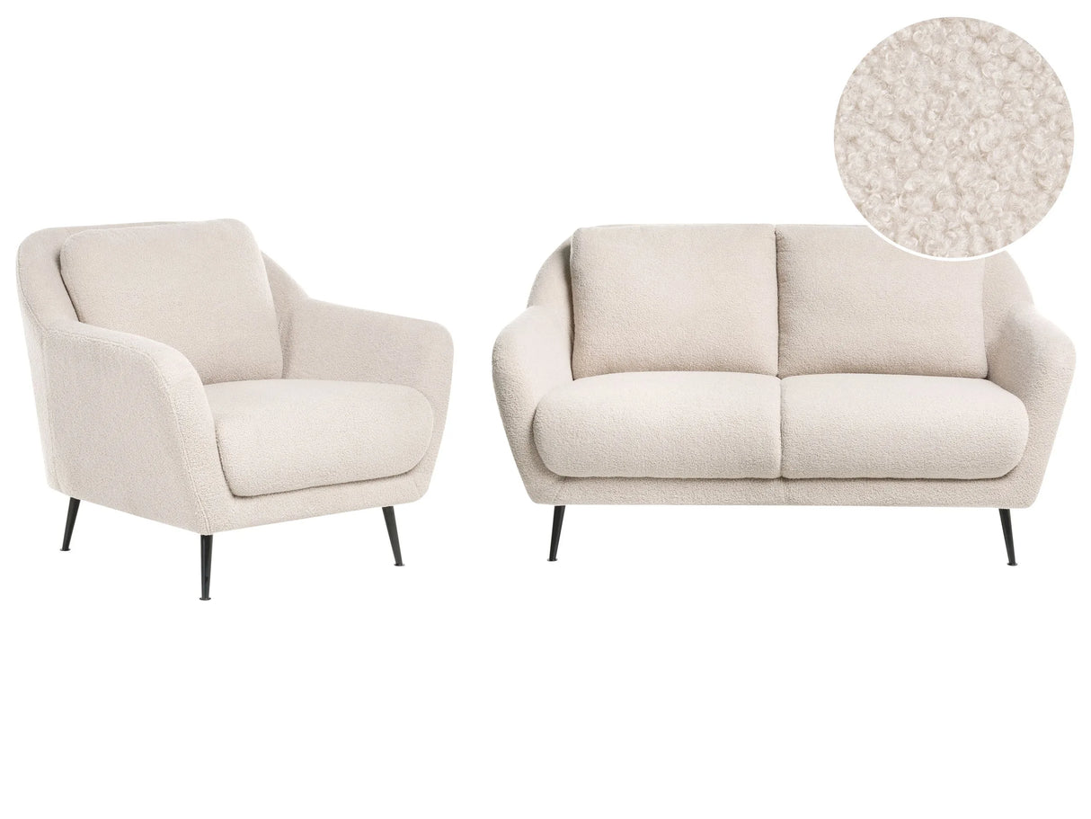 Sofa Set Beige Boucle Upholstery Iron Black Legs 3 Seater with Armrests Thick Seat Modern Style Living Room Beliani