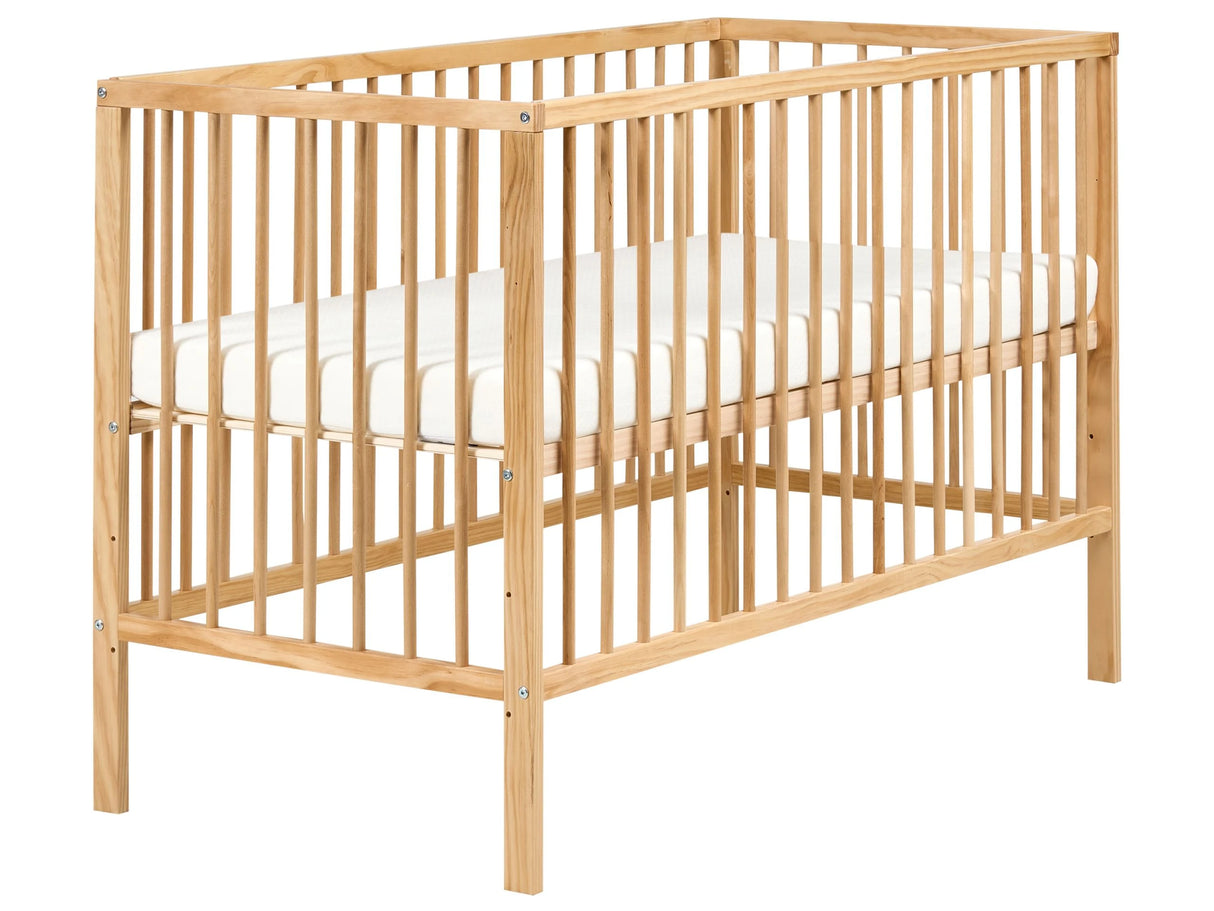 Baby Cot Bed Light Brown Pine Wood 60 x 120 cm with Bars Height Adjustable Standard Size Nursery Accessories Minimalistic Design Beliani