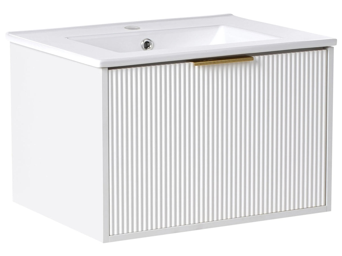 Wall Mounted Vanity Unit White Engineered Wood Bathroom Cabinet Ceramic Basin 60 cm Gold Handle Modern Design Beliani
