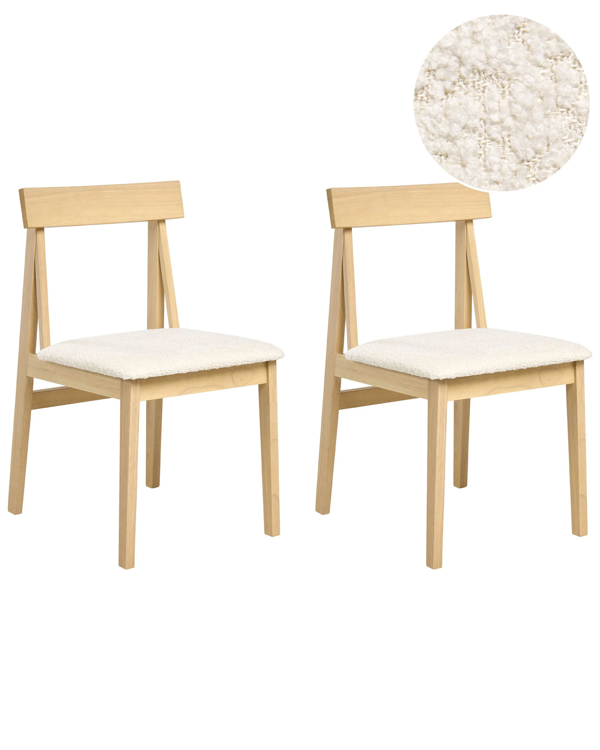 Set of 2 Dining Chairs Light Brown Rubberwood Frame Light Beige Boucle Seat Armless Retro Design Beliani