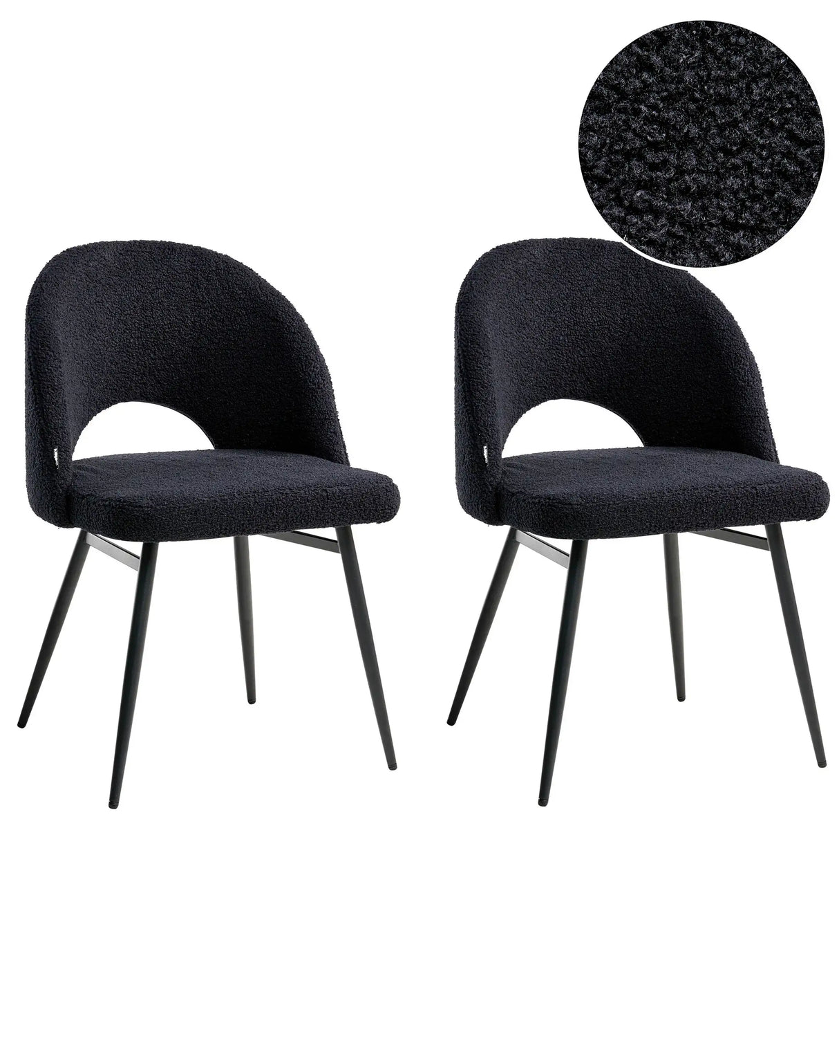 Set of 2 Dining Chairs Black Boucle Upholstery Cut-Out Backrest Black Metal Legs Modern Design Beliani