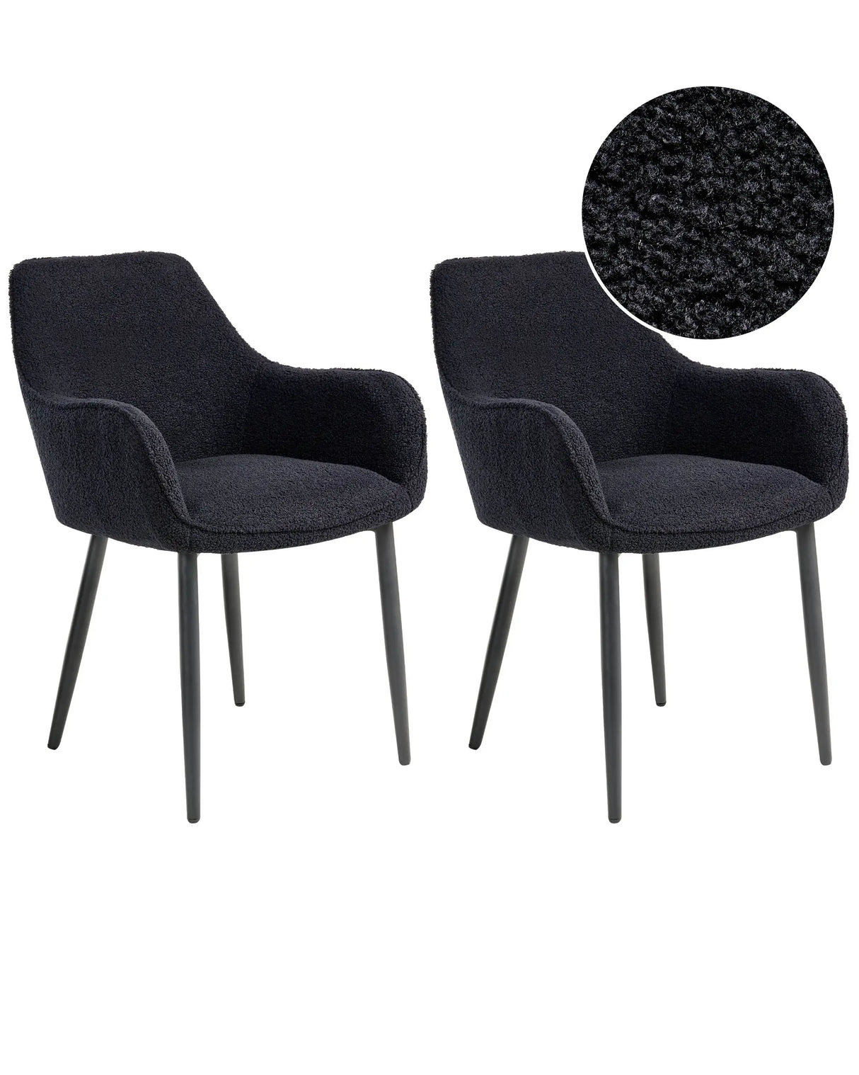 Set of 2 Dining Chairs Black Boucle Upholstery with Armrests Black Metal Legs Modern Design Beliani
