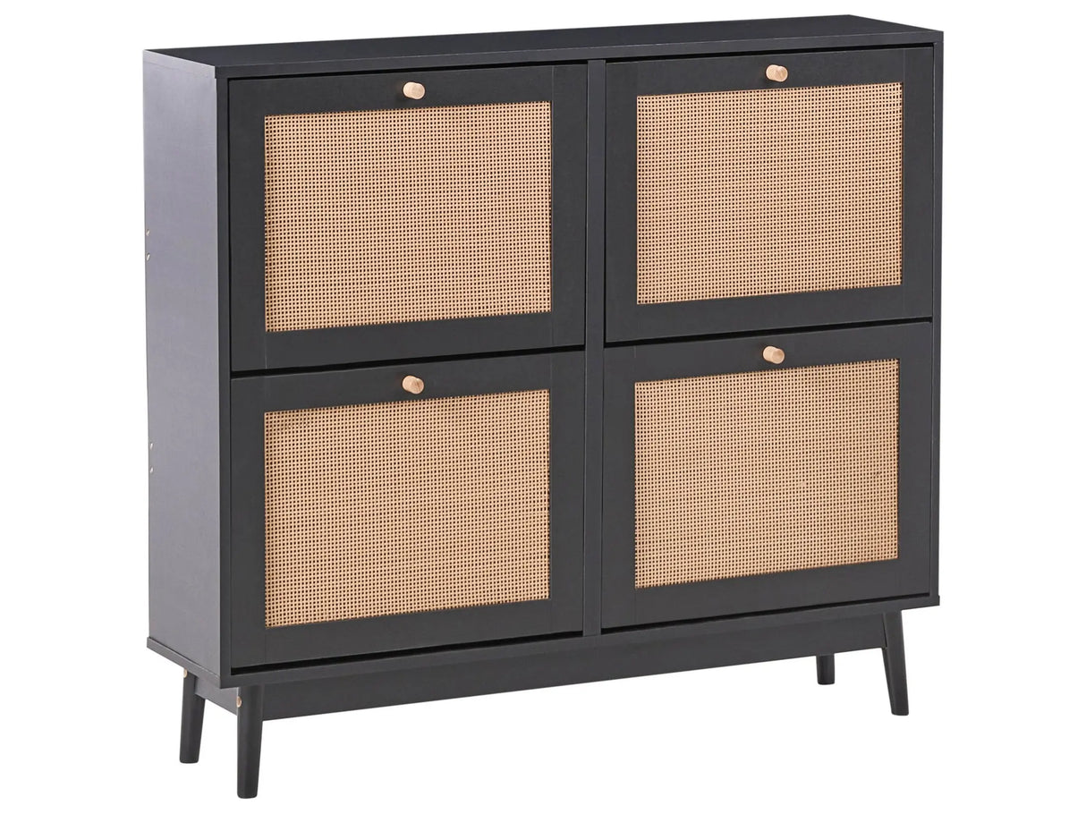 Shoe Storage Cabinet Black Particle Board Rattan 4 Compartments Boho Design Hallway Beliani