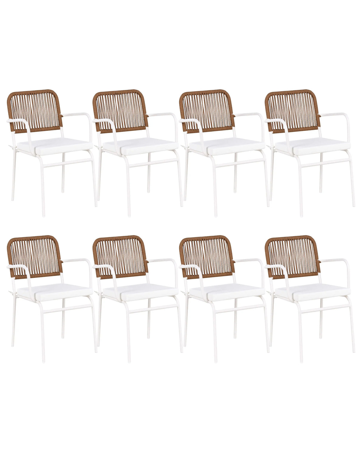 Set of 8 Garden Chairs White and Brown Aluminium Powder Coated Finish Frame Stackable Outdoor Beliani