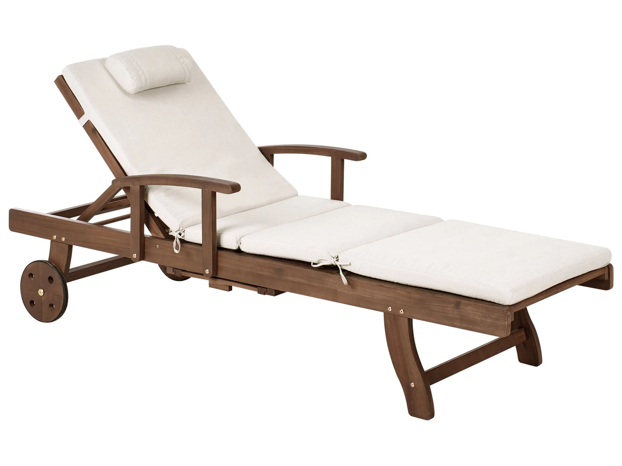 Garden Sun Lounger Acacia Wood Natural with Light Beige Cushion Adjustable Backrest Inbuilt Castors Rustic Traditional Style Beliani