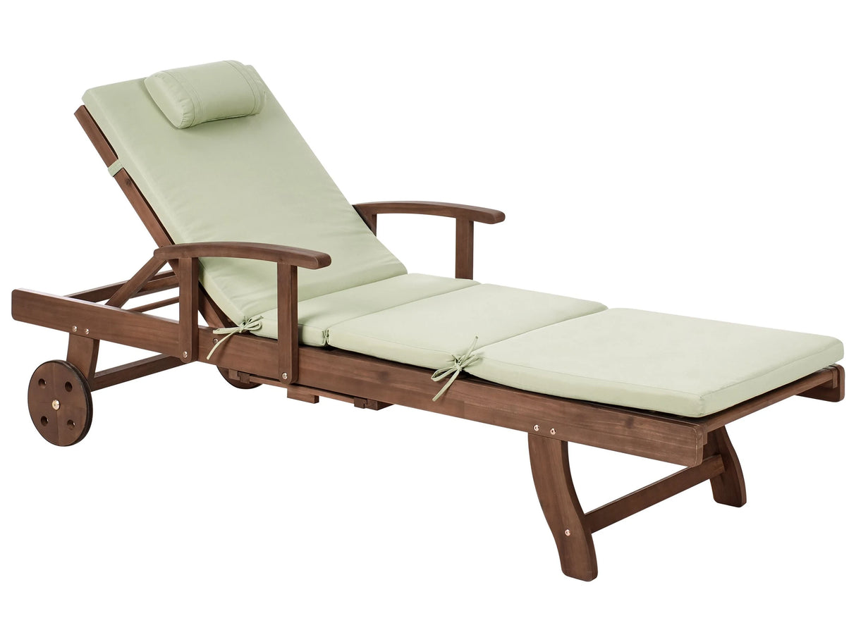 Garden Sun Lounger Acacia Wood Natural with Green Cushion Adjustable Backrest Inbuilt Castors Rustic Traditional Style Beliani