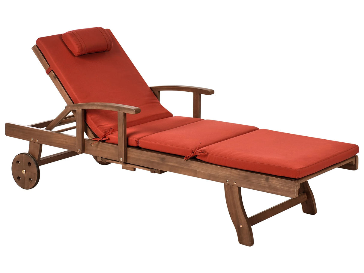Garden Sun Lounger Acacia Wood Natural with Red Cushion Adjustable Backrest Inbuilt Castors Rustic Traditional Style Beliani