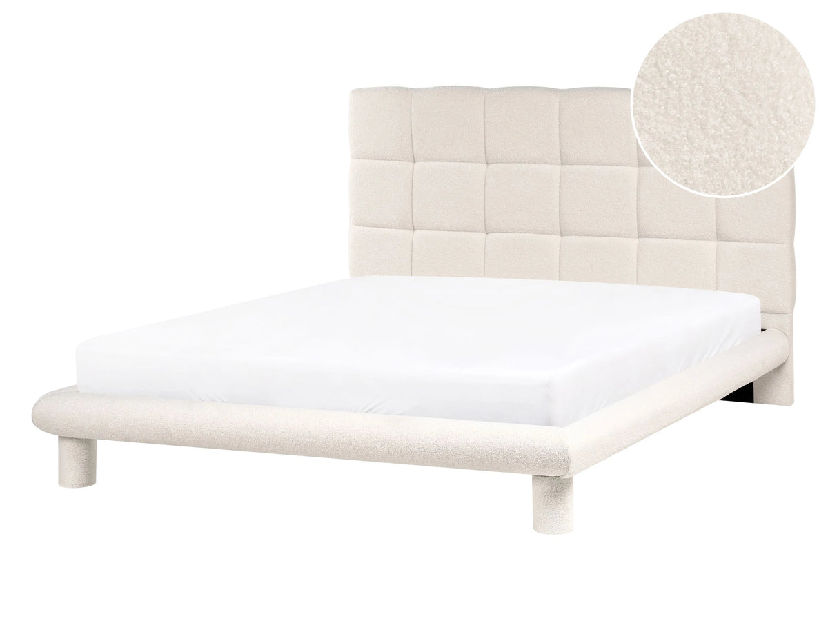 Bed Off-White Boucle Fabric Upholstery EU Double Size 4ft6 Scandinavian Design Soft Headboard Beliani
