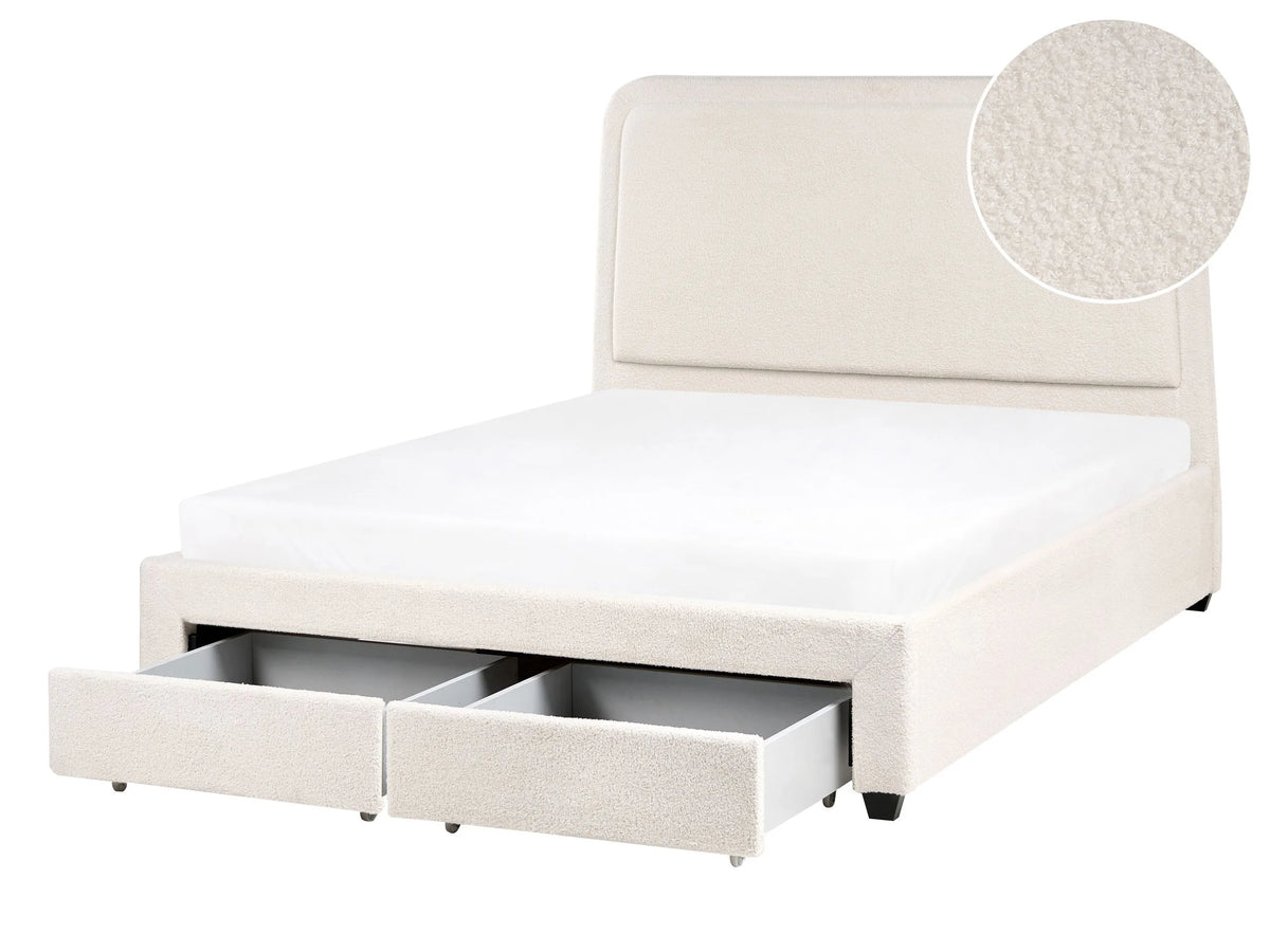 Bed Off-White Boucle Fabric Upholstery EU King Size 4ft6 Scandinavian Extra Drawers Design Soft Headboard Beliani