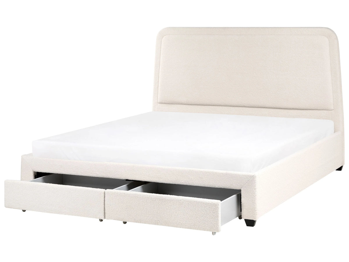 Bed Off-White Boucle Fabric Upholstery EU King Size 6ft Scandinavian Extra Drawers Design Soft Headboard Beliani