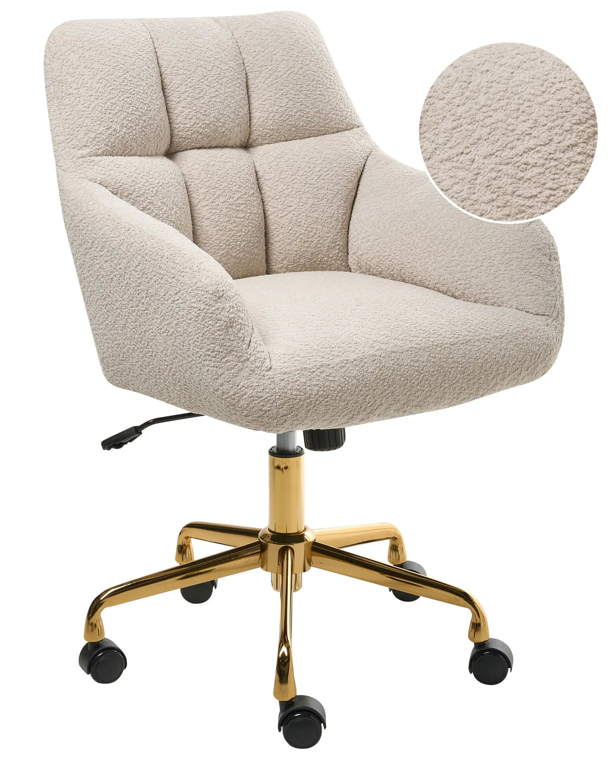Office Chair Light Beige Boucle Teddy Polyester Fabric Gold Metal Frame Upholstered Swivel Function Adjustable Office Furniture Beliani