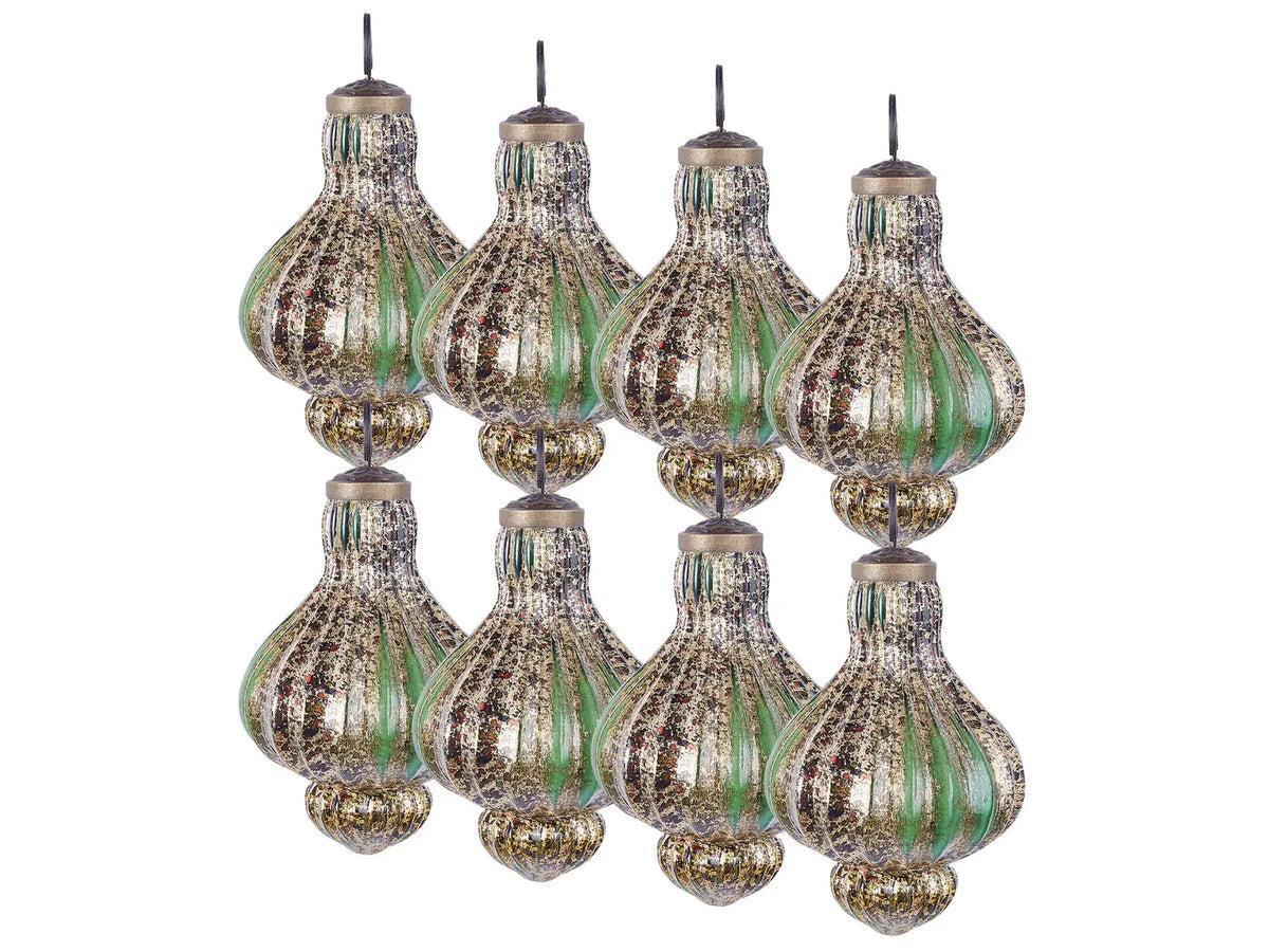 Set of 8 Christmas Baubles Gold and Green Glass Hanging Vintage Xmas Tree Handmade Balls Holiday Decor Beliani