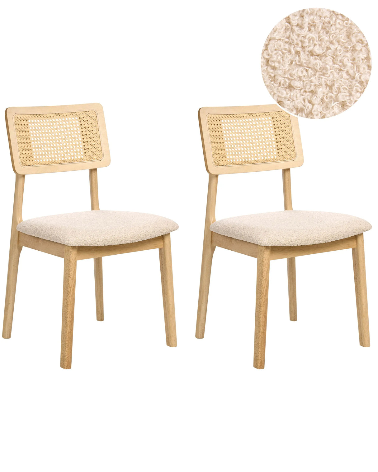 Set of 2 Dining Chairs Light Brown Polyester Boucle Upholstered Seats Fabric Backrest Rubber Wood Laquered Frame Armless Retro Style Beliani