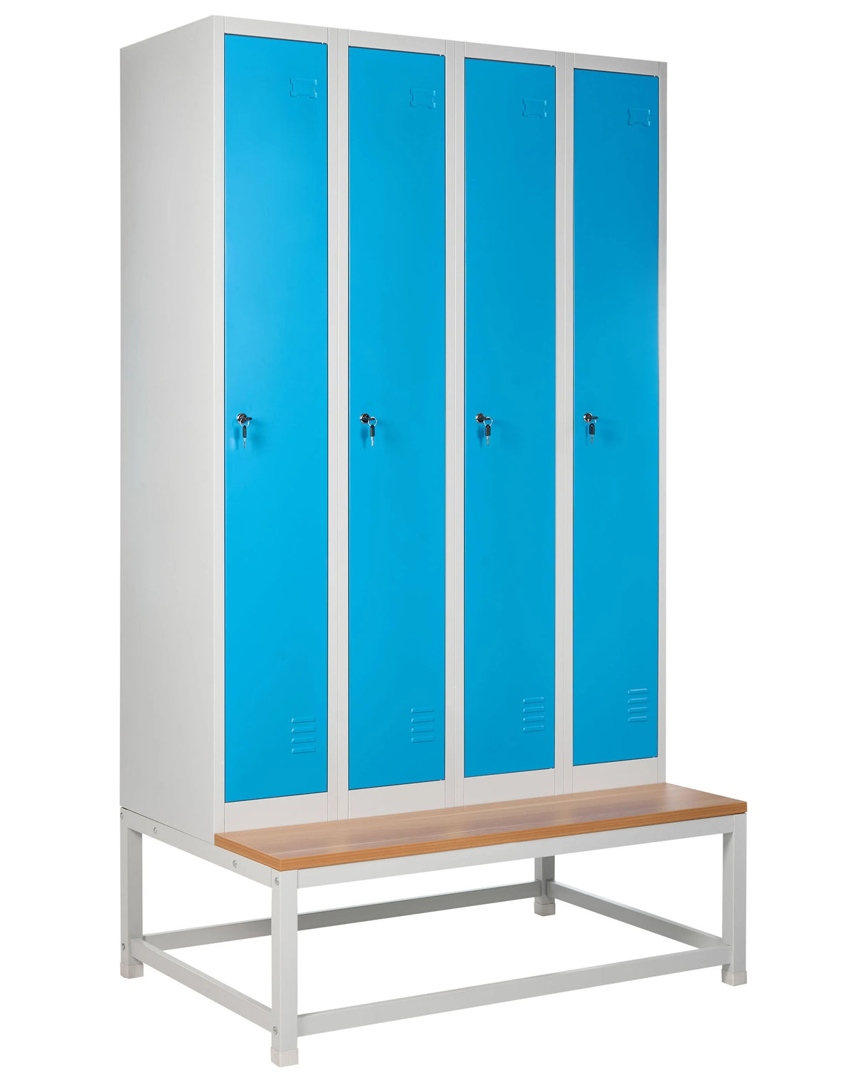 Storage Locker Grey and Blue Metal Clothes Cabinet 4 Doors with Bench Gym School Changing Room Beliani