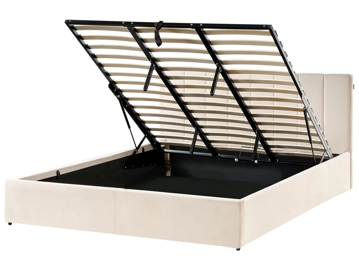 Bed Frame Light Beige Velvet Upholstery EU Super King Size 6ft Lift Up Storage with Headboard and Slatted Base Beliani