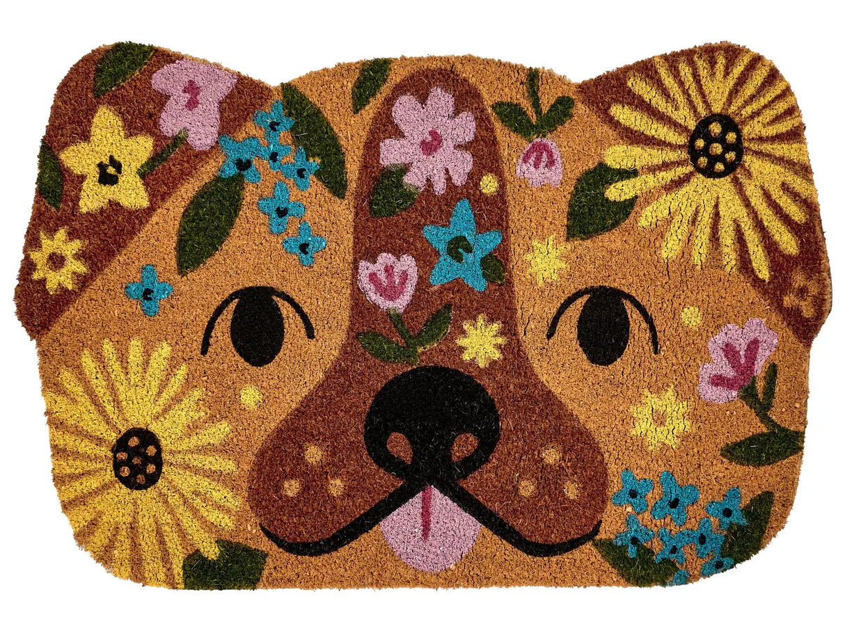 Doormat Multicolour Coir with Rubber Bottom 60 x 90 cm Anti Slip Decoration Dog Shape Floral Pattern Beliani