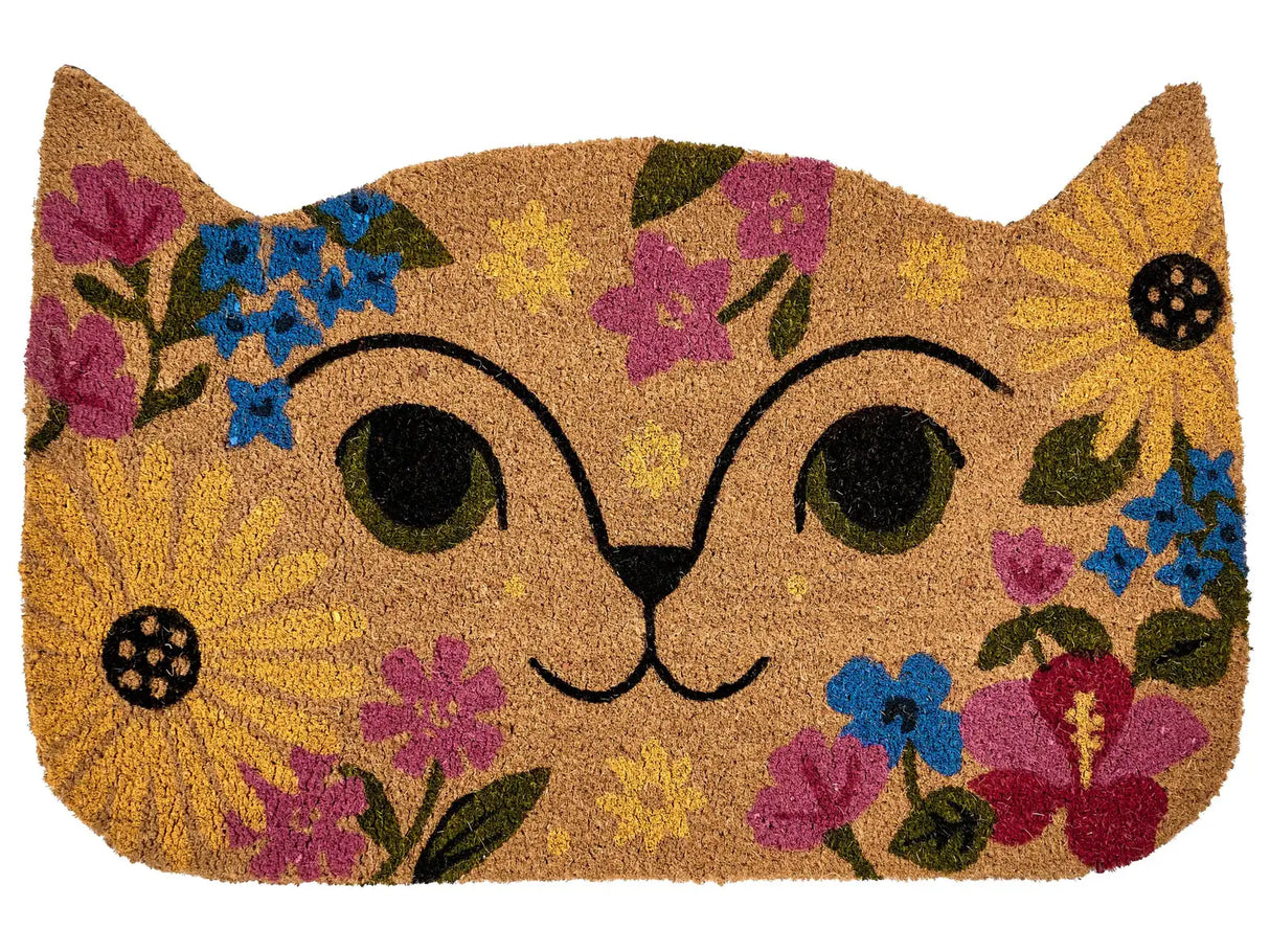 Doormat Multicolour Coir with Rubber Bottom 60 x 90 cm Anti Slip Decoration Cat Shape Floral Pattern Beliani