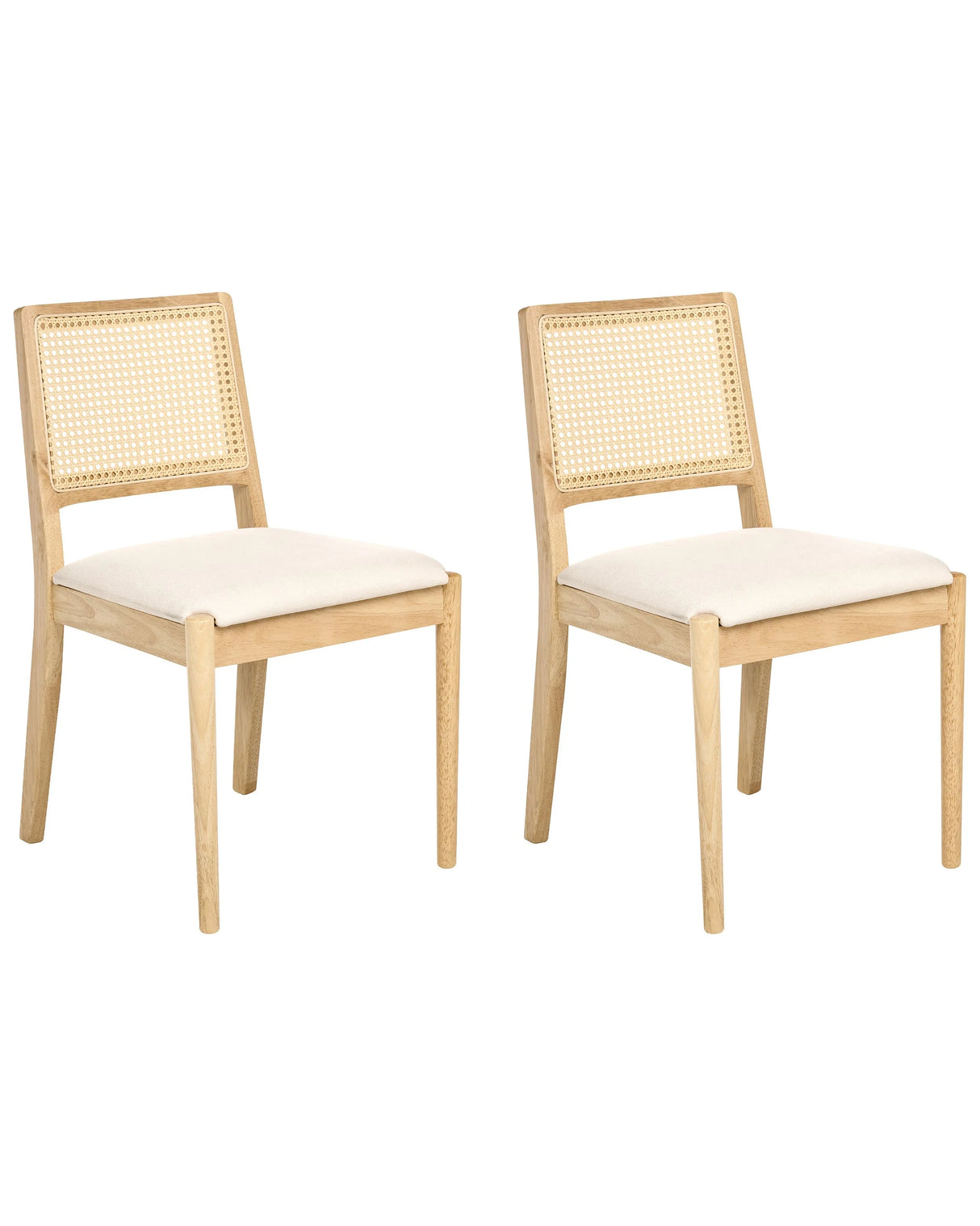 Set of 2 Dining Chairs Light Brown Upholstered Seat Polyester Rubber Wood PE Rattan Frames Retro Style Dining Room Beliani