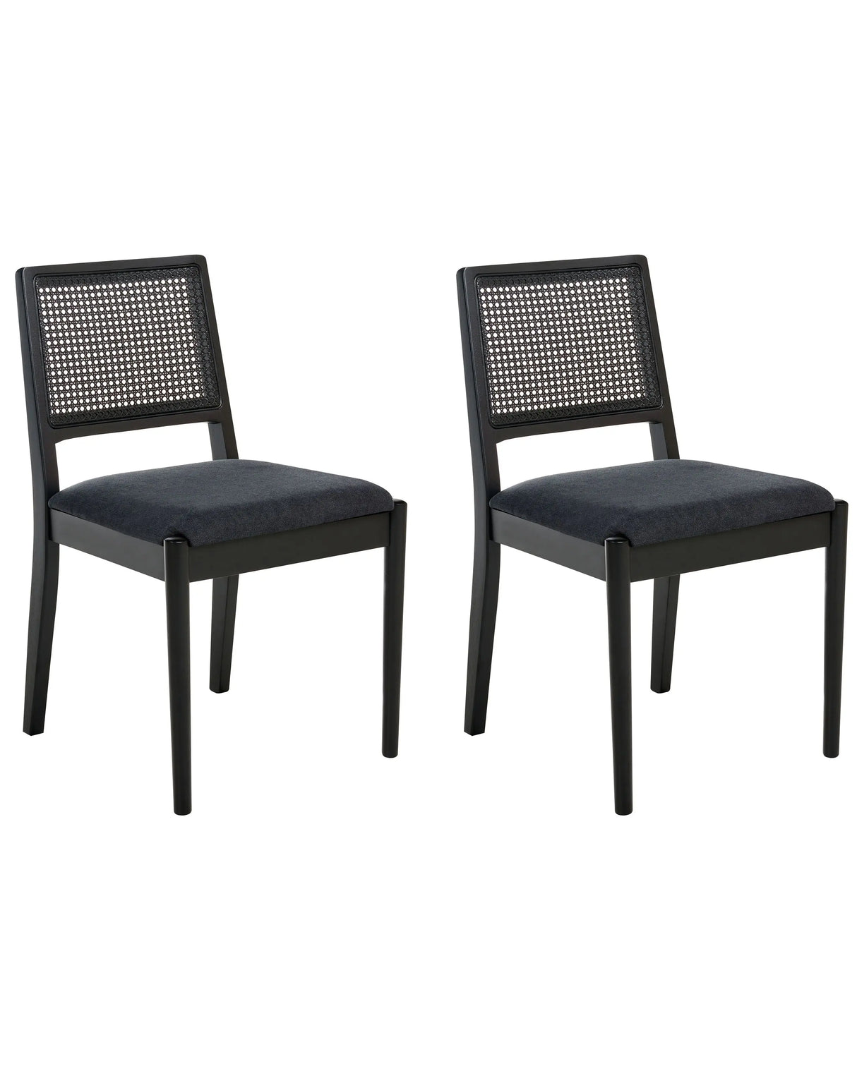 Set of 2 Dining Chairs Black Upholstered Seat Polyester Rubber Wood PE Rattan Frames Retro Style Dining Room Beliani