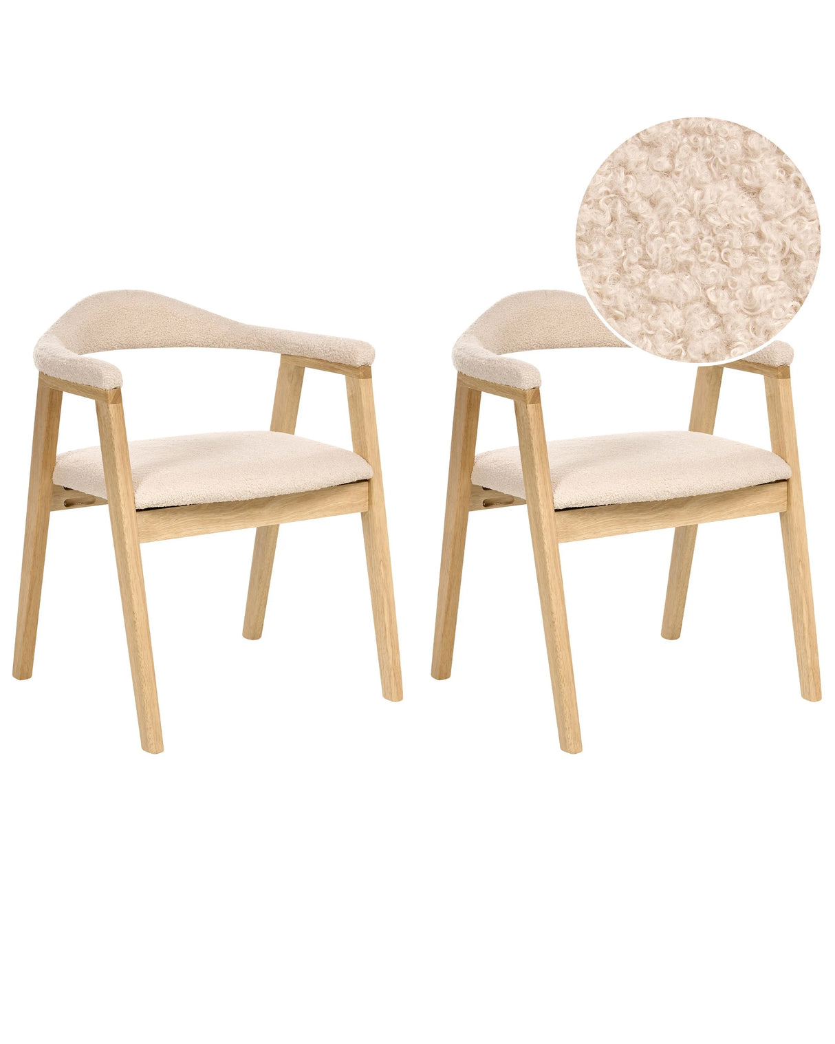 Set of 2 Dining Chairs Light Brown Upholstered Seat Backrest Boucle Polyester Rubber Wood Frames Retro Style Dining Room Beliani