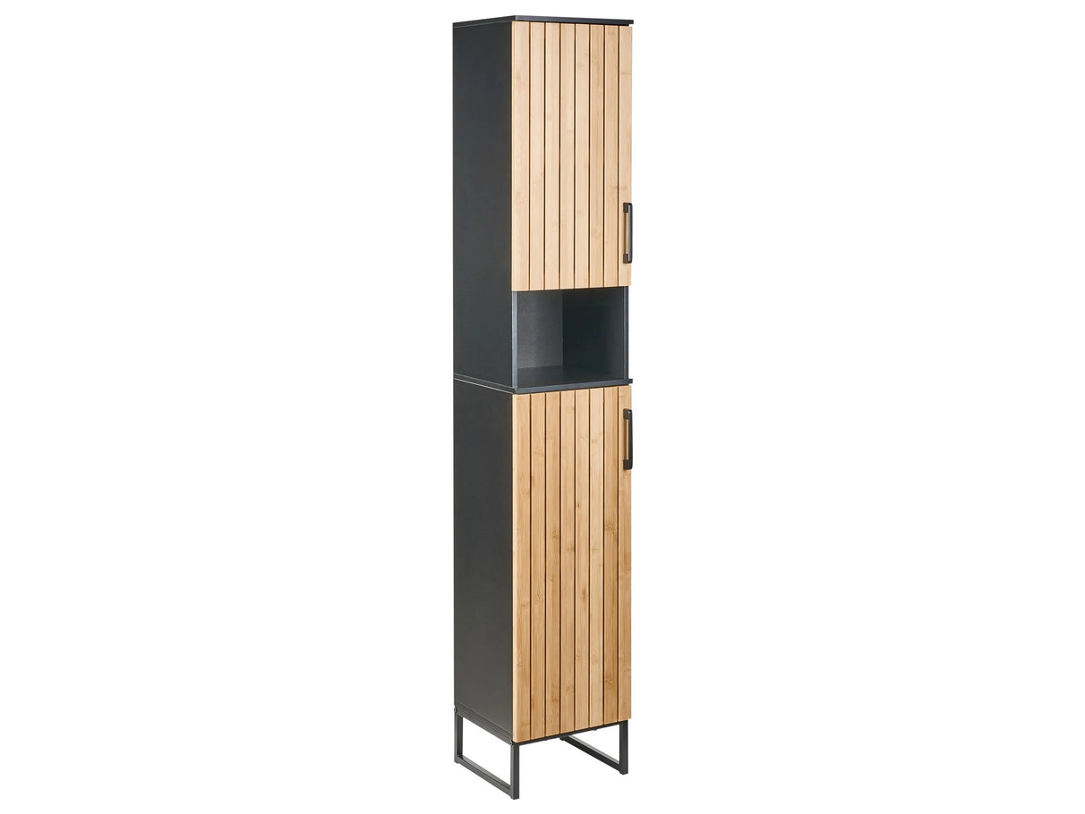 Standing Bathroom Cabinet Light Brown Bamboo Black MDF Steel 170 x 30 cm with 6 Shelves Modern Beliani