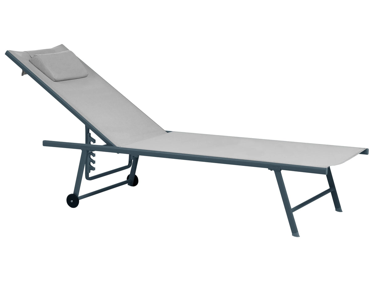 Set of 2 Sun Loungers Light Grey Sling Headrest Cushion Grey Powder Coated Steel Frame Reclining Garden Outdoor Beliani