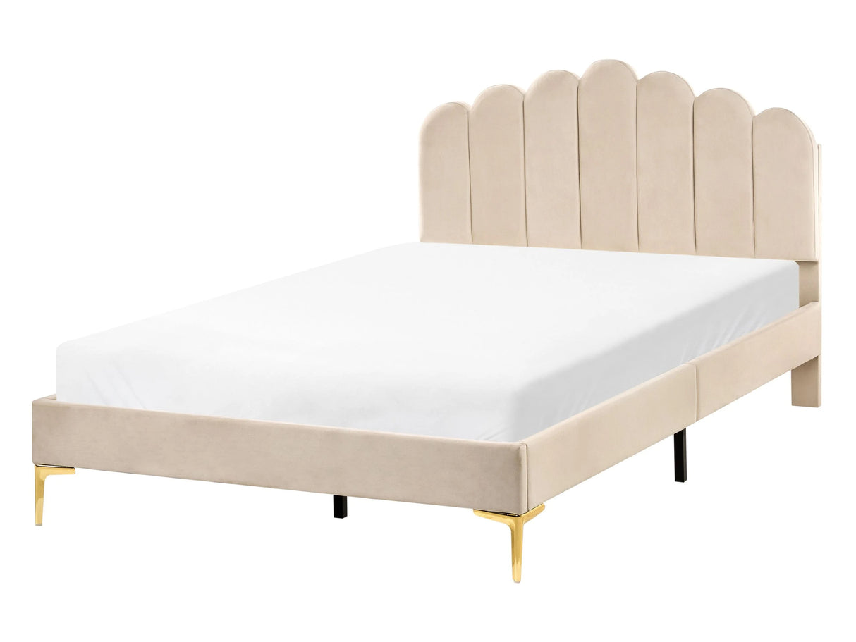 EU Small Double Size Bed Beige Velvet 4ft Metal Legs with Headboard and Slatted Base Beliani
