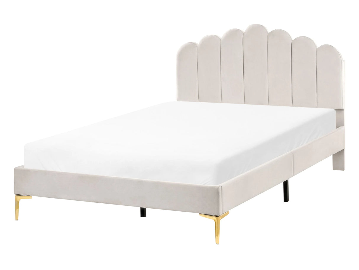 EU Small Double Size Bed Off-White Velvet 4ft Metal Legs with Headboard and Slatted Base Beliani