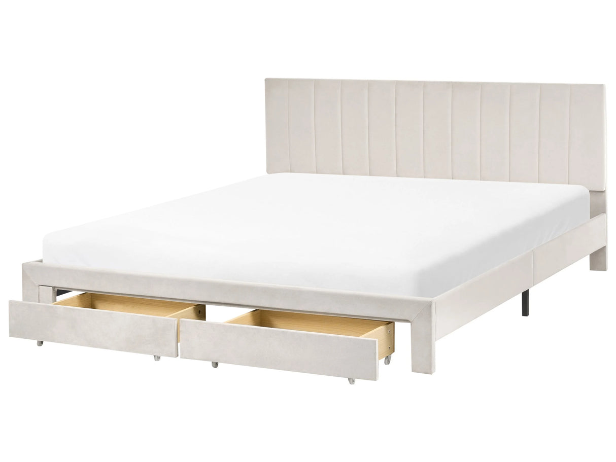 EU Super King Size Bed Off-White Velvet Upholstery 6ft with Drawers Headboard Slatted Base Modern Beliani