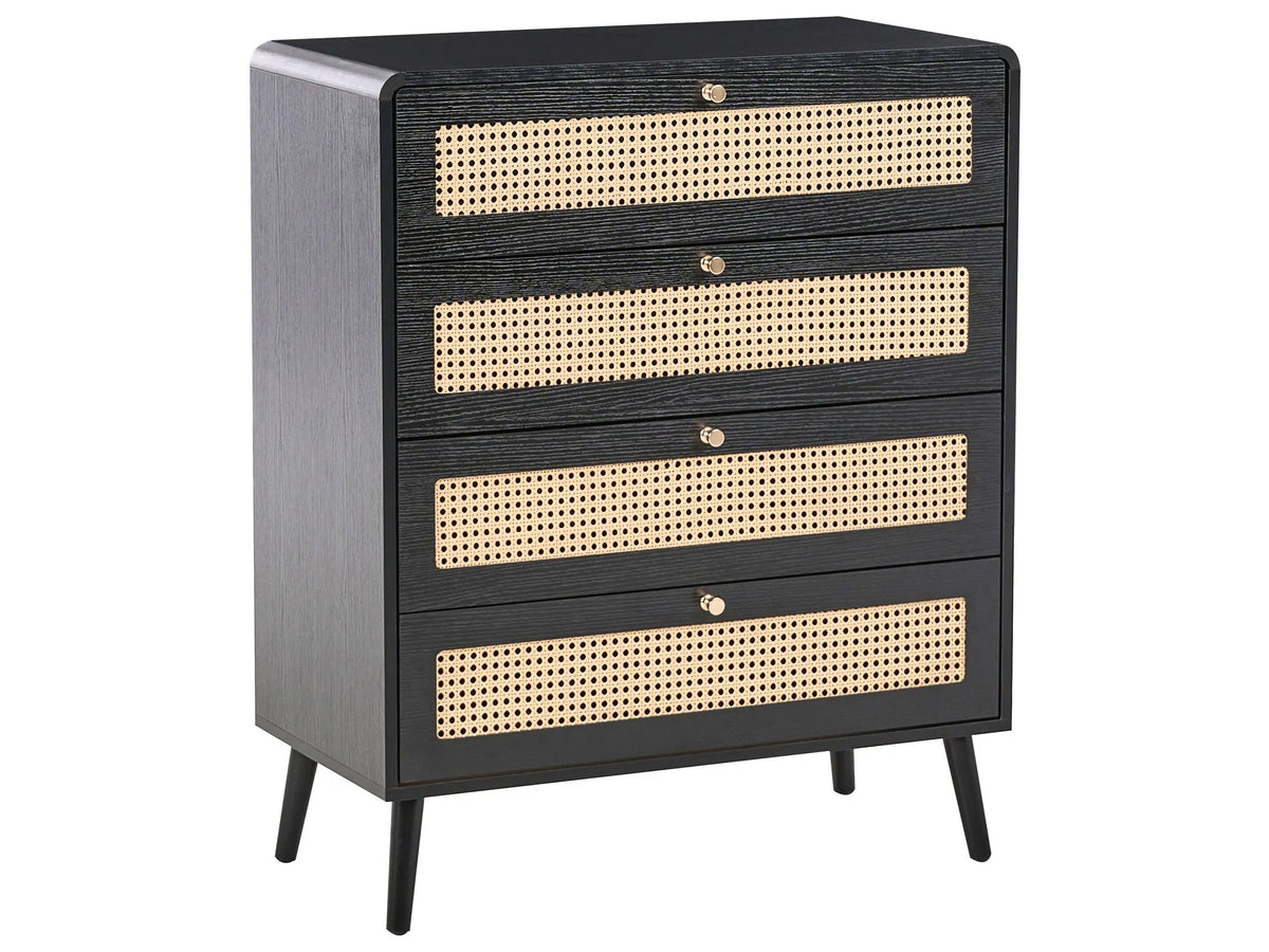 Chest of Drawers Black MDF 4 Drawers PE Rattan Brown Boho Style Wooden Legs Bedroom Living Room Beliani