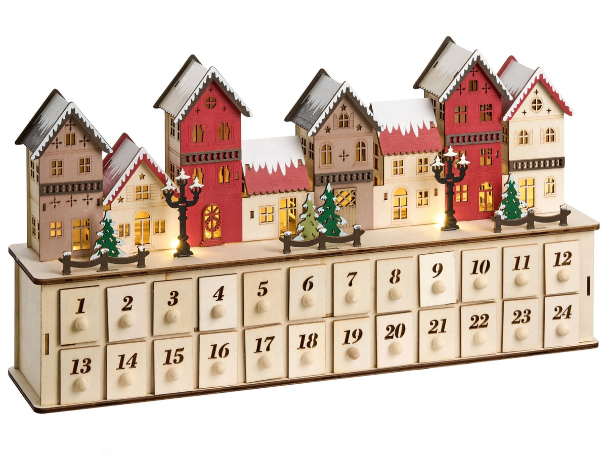 Christmas Decoration with LED Lights Light Brown Wooden Advent Calendar Light-Up Christmas Scenery Battery-Operated Beliani