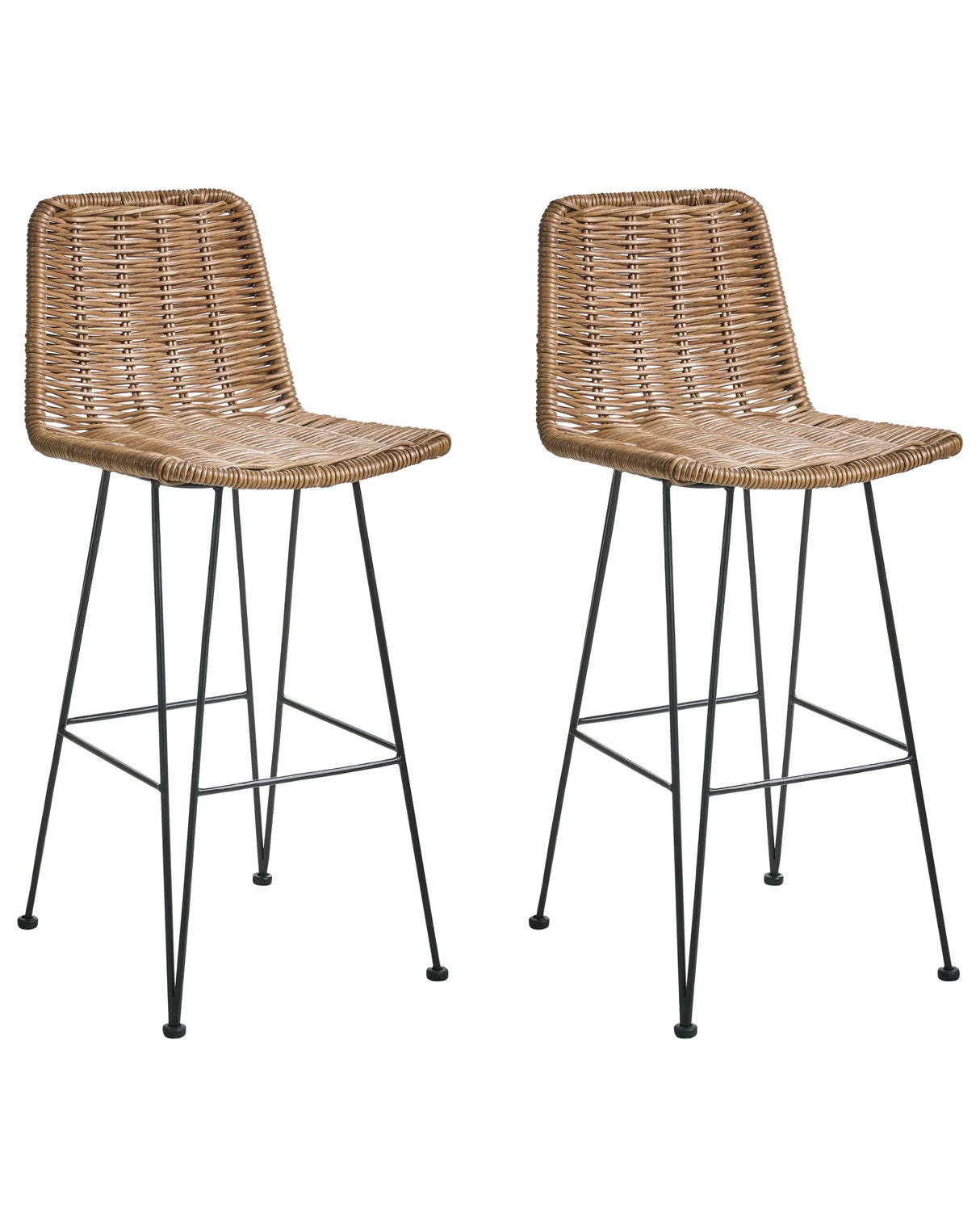 Set of 2 Bar Chairs Brown Rattan Wicker Metal Frame Rustic Indoor Boho Design Beliani