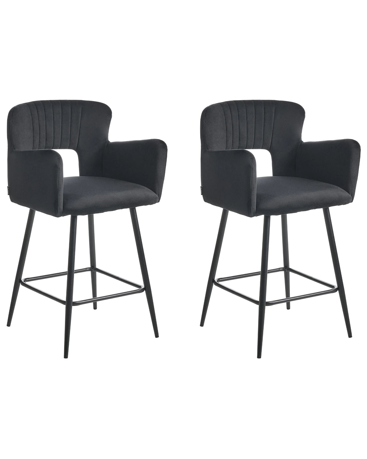 Set of 2 Chairs Bar Chair Black Velvet with Armrests Cut-Out Backrest Black Metal Legs Beliani