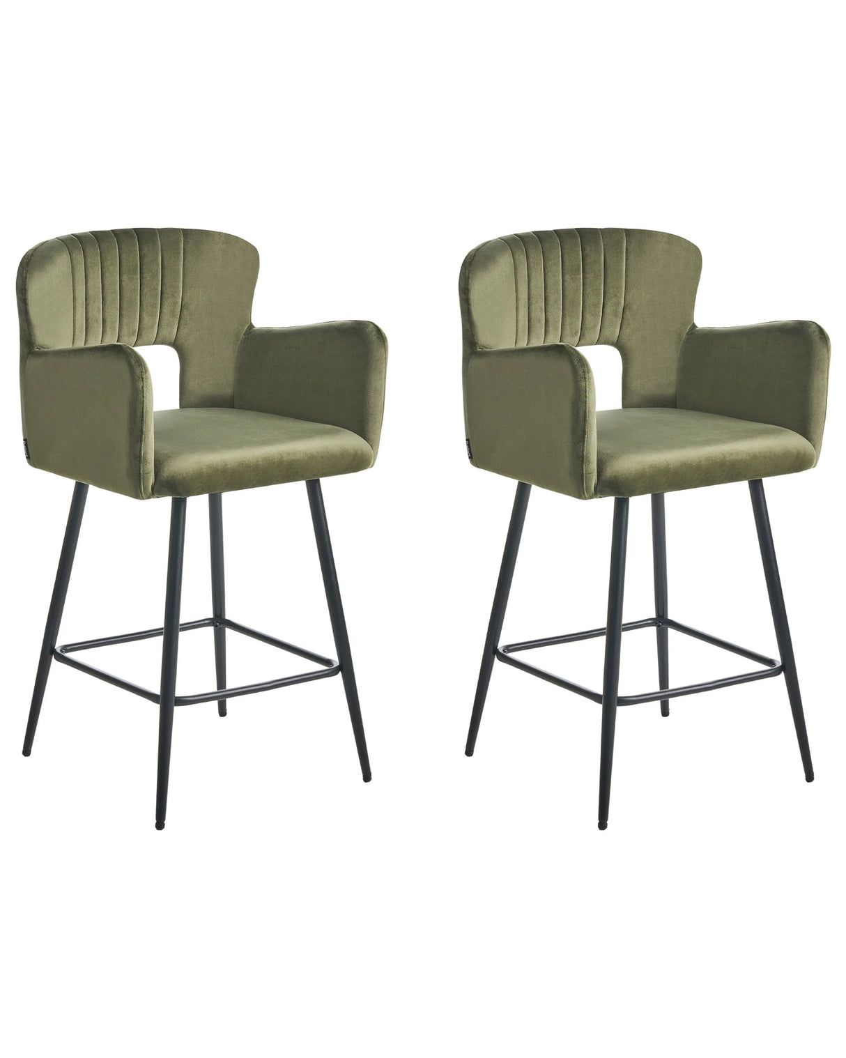 Set of 2 Chairs Bar Chair Olive Green Velvet with Armrests Cut-Out Backrest Black Metal Legs Beliani