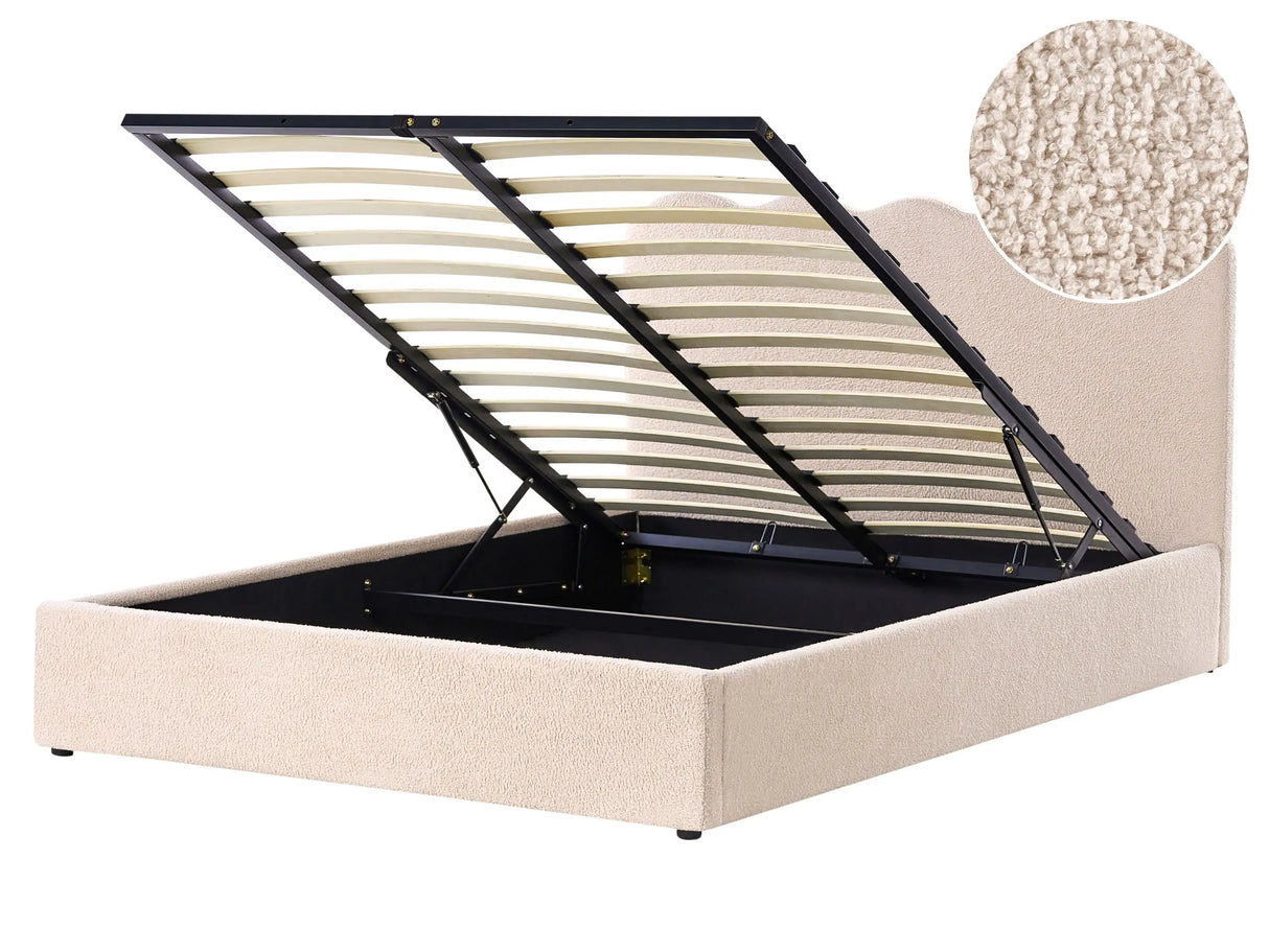 Bed Frame Beige Bocule Fabric Upholstery EU King Size 5ft3 Lift Up Storage with Headboard and Slatted Base Beliani