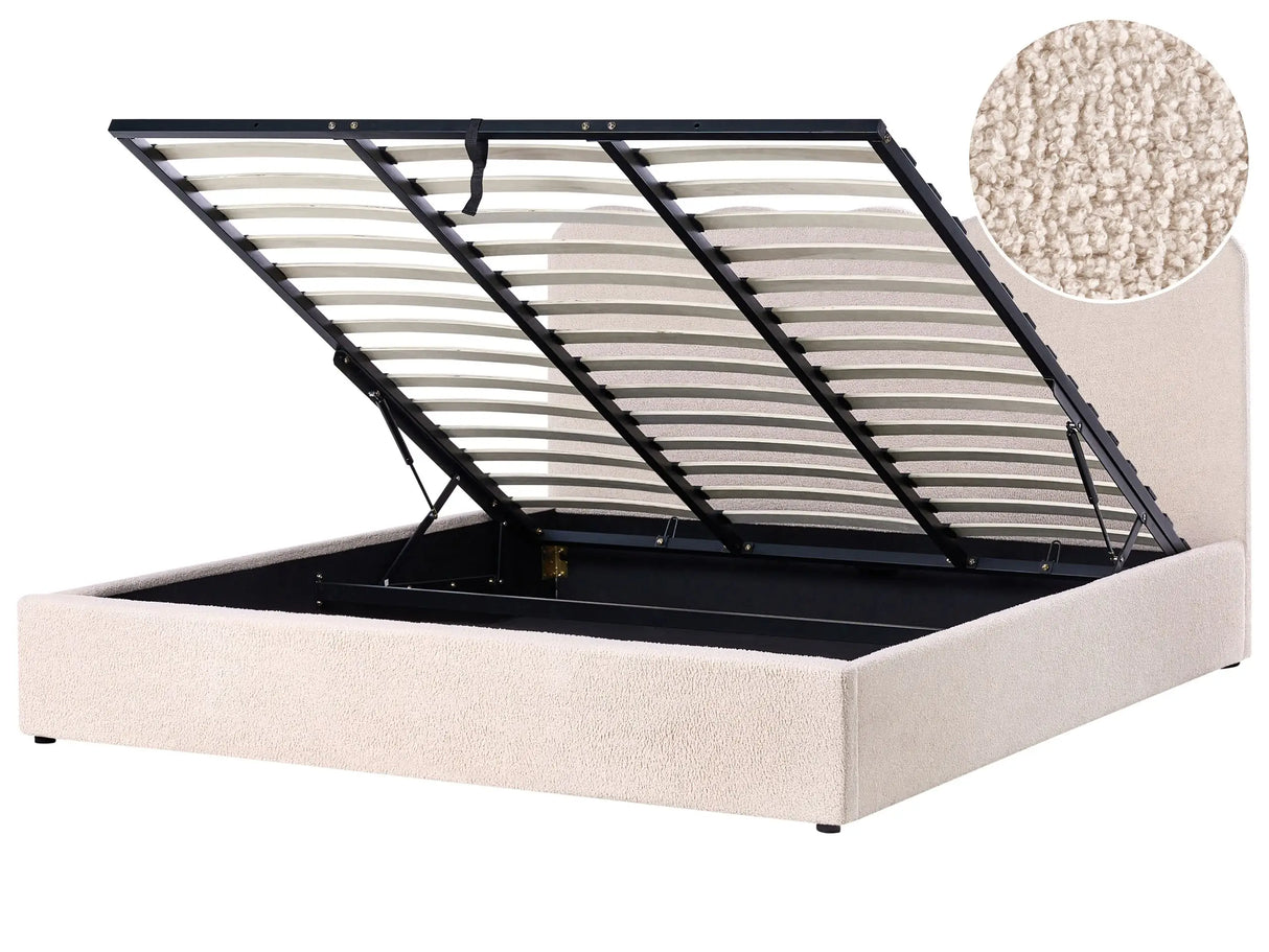 Bed Frame Beige Bocule Fabric Upholstery EU Super King Size 6ft Lift Up Storage with Headboard and Slatted Base Beliani