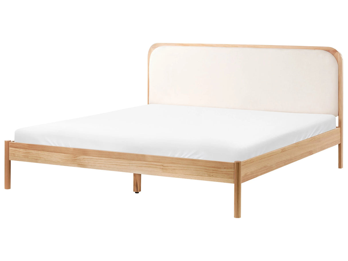 Bed Light Brown Pine Wood Frame EU 6ft Fabric Upholstered Headboard with Slatted Base Beliani