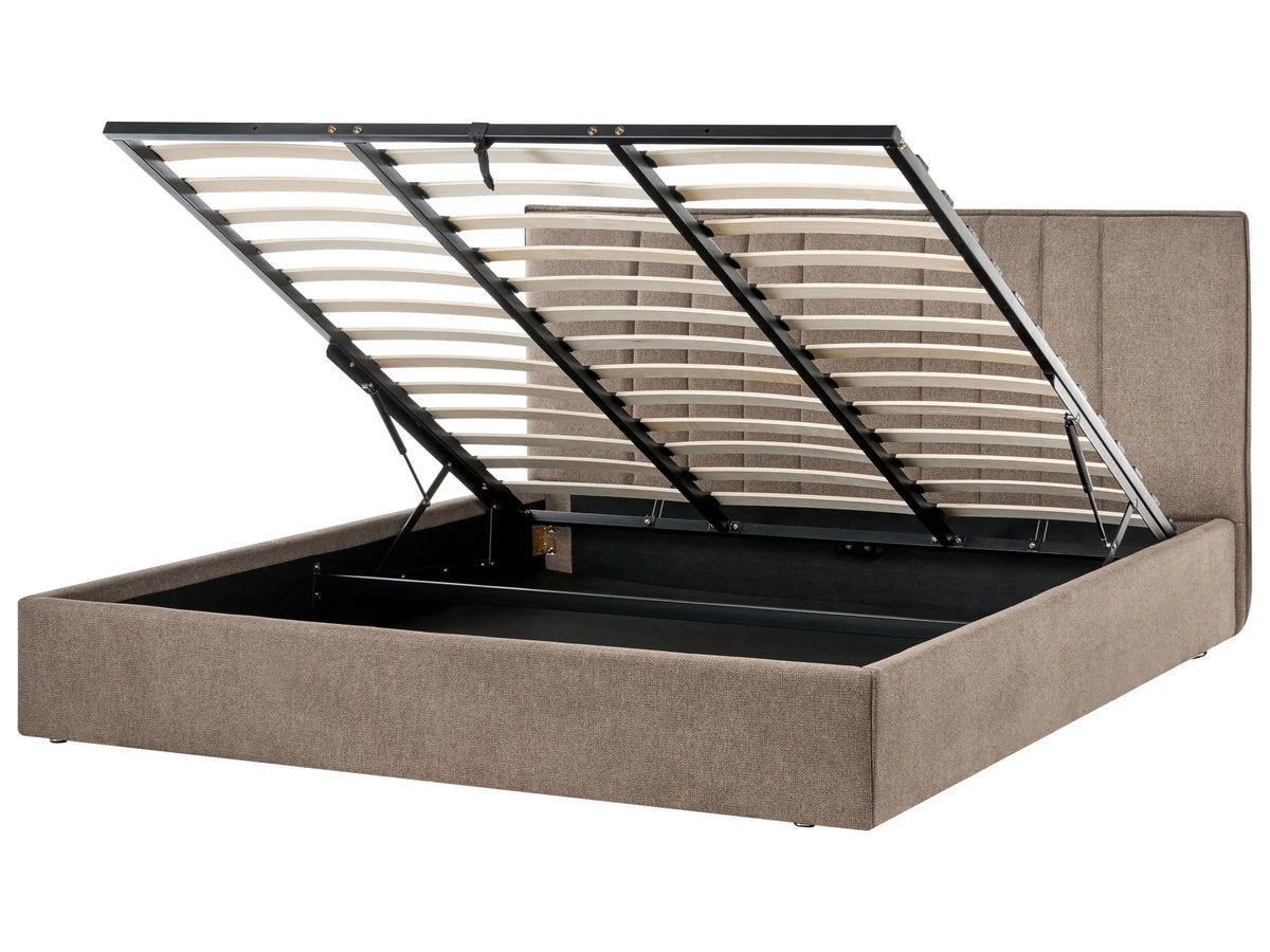 Bed Frame Taupe Fabric Upholstery EU Super King Size 6ft Lift Up Storage with Headboard and Slatted Base Beliani