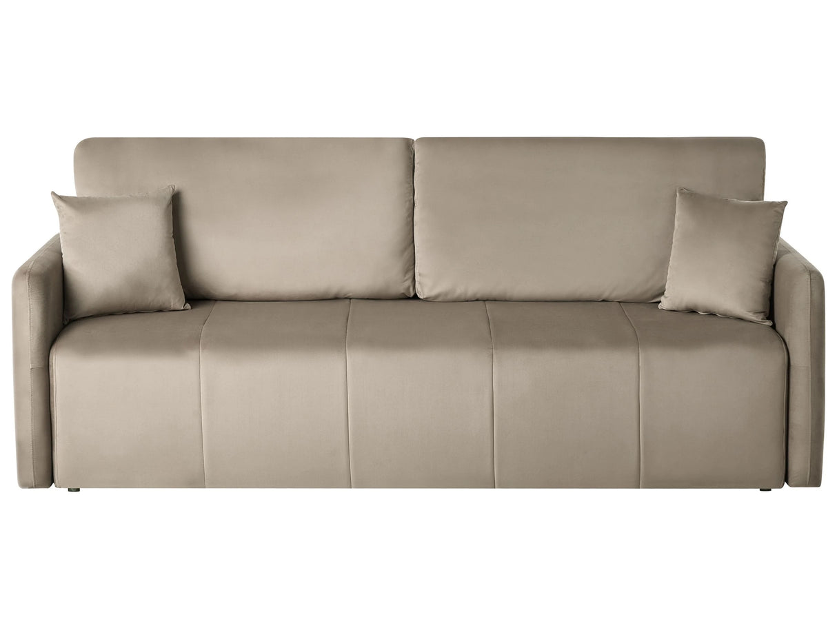 Velvet Sofa Taupe Polyester Upholstery 3 Seater with Scatter Cushions Sleeper Function Living Room Settee Beliani