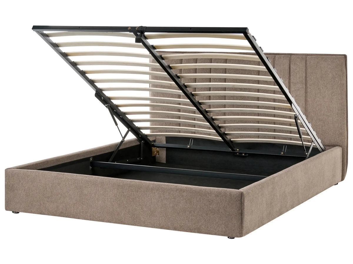 Bed Frame Taupe Fabric Upholstery EU King Size 5ft3 Lift Up Storage with Headboard and Slatted Base Beliani