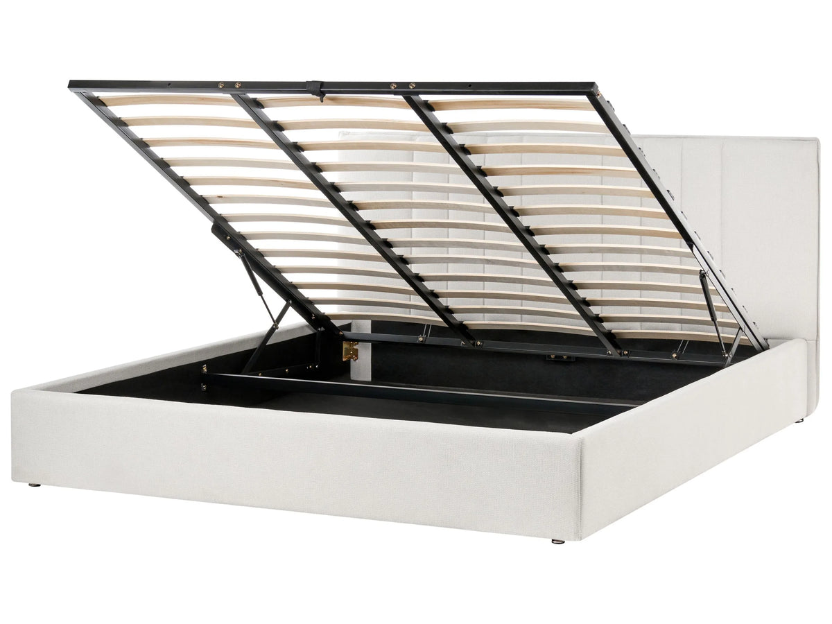 Bed Frame Light Beige Fabric Upholstery EU Super King Size 6ft Lift Up Storage with Headboard and Slatted Base Beliani