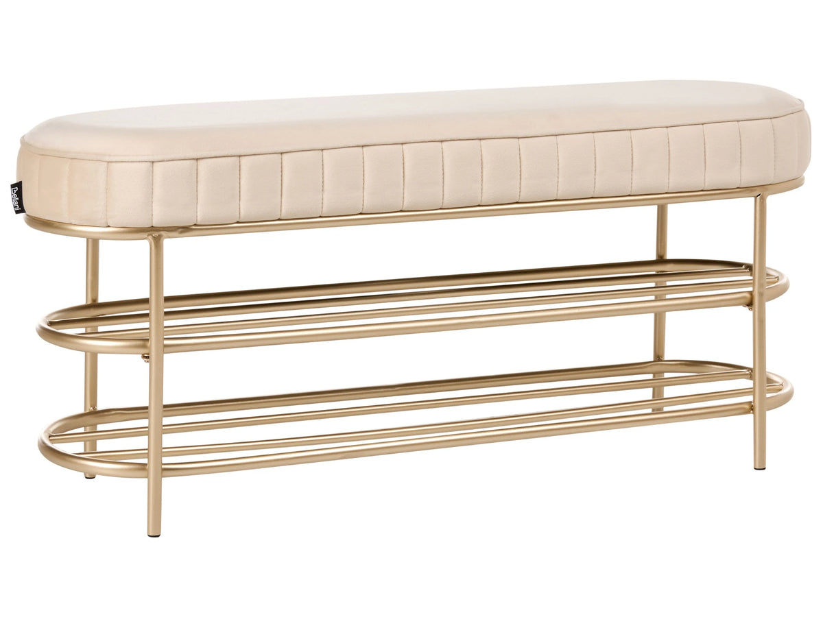 Bench Beige Velvet Upholstered Seat Hallway Seat Glamour Style with 2 Shelves Beliani