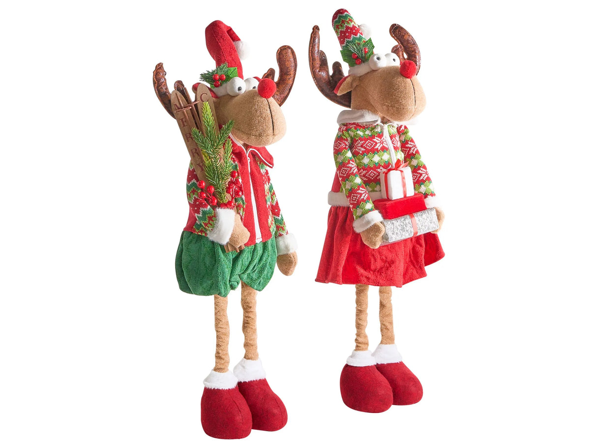 Set of 2 Decorative Figurines Multicolour Fabric Telescopic Legs Reindeers Christmas Plush Decoration Beliani
