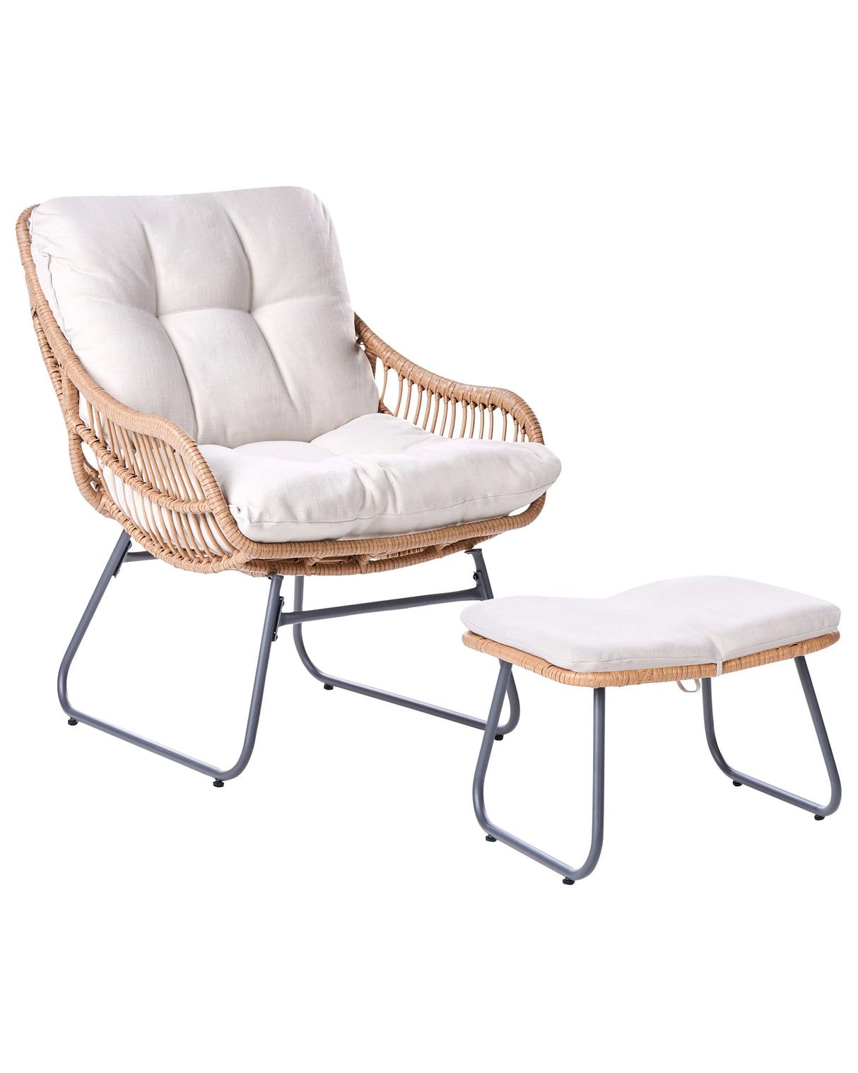 Garden Chair with Footstool Natural PE Rattan Steel Legs Light Beige Cushions Garden Furniture Beliani