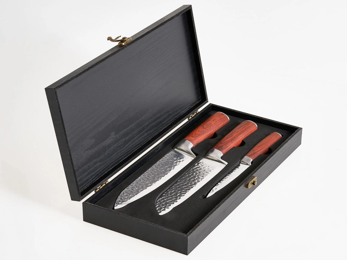 Knife Set Brown Damascus Stainless Steel 3 Pieces Hand-Sharpened 62 HRC Hardness with Chef's Knife Modern Design Beliani