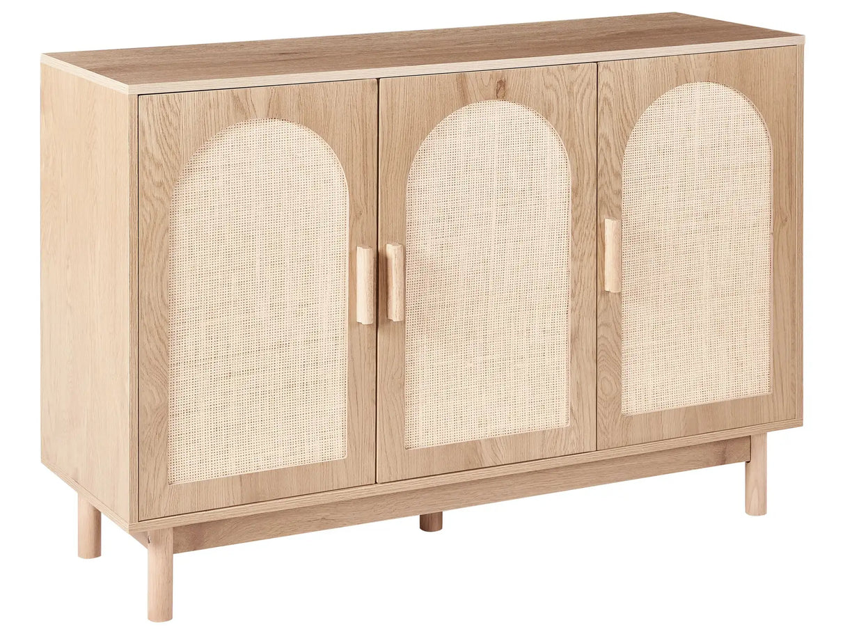 3 Door Sideboard Light Brown Particle Board Rattan Front Wooden Legs Boho Style Living Room Storage Beliani