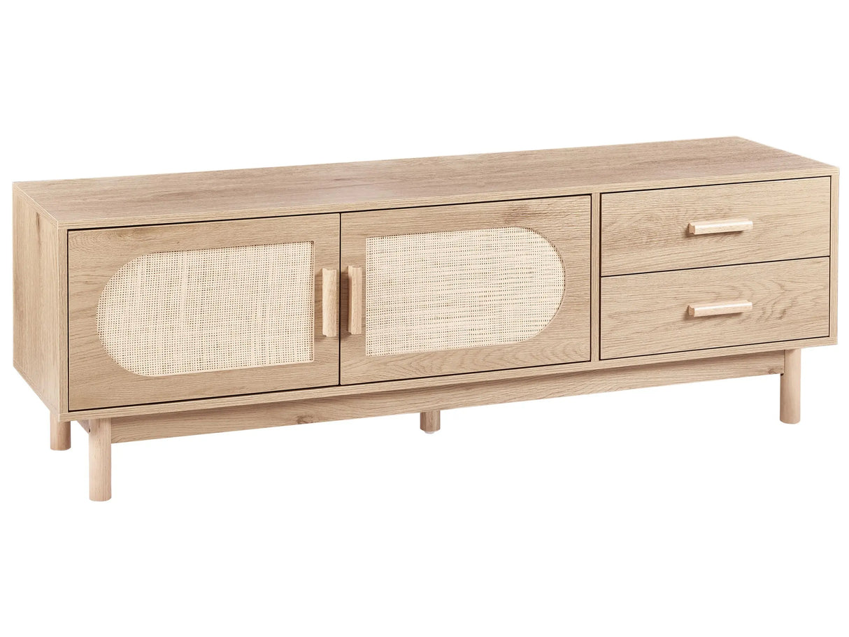 TV Stand Light Brown Particle Board Rattan Front TV up to 70 Cabinet Wooden Legs Boho Style Living Room Beliani