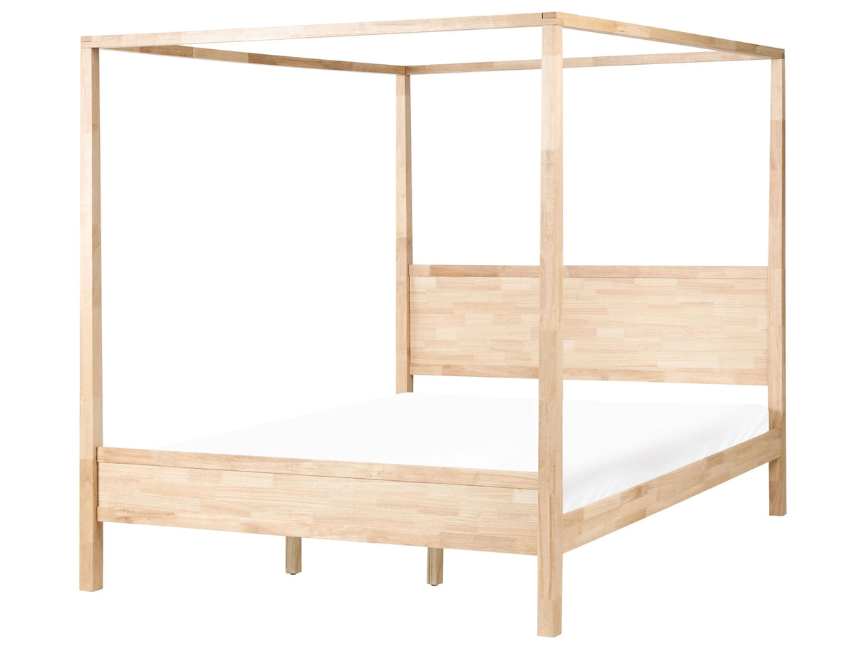 Canopy Bed Frame Light Brown Rubberwood 6ft EU Super King Size Slats Minimalist Beliani
