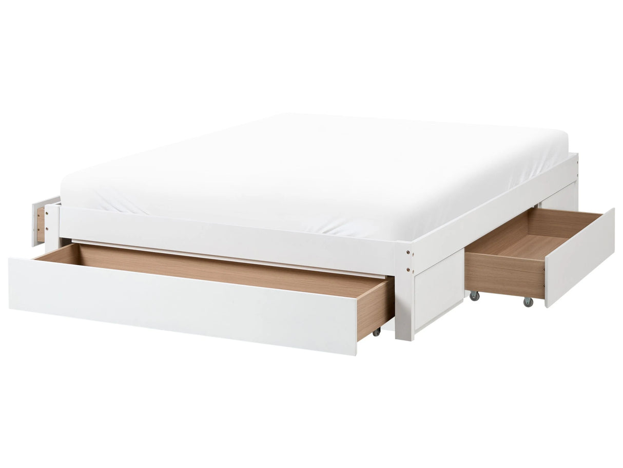 Bed Frame White Rubberwood Drawer Storage 5ft3 EU King Size Traditional Design without Headboard Beliani